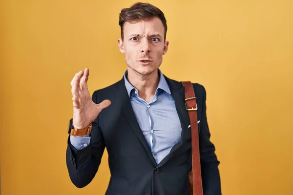 Caucasian Business Man Yellow Background Crazy Mad Shouting Yelling Aggressive — Stock Photo, Image