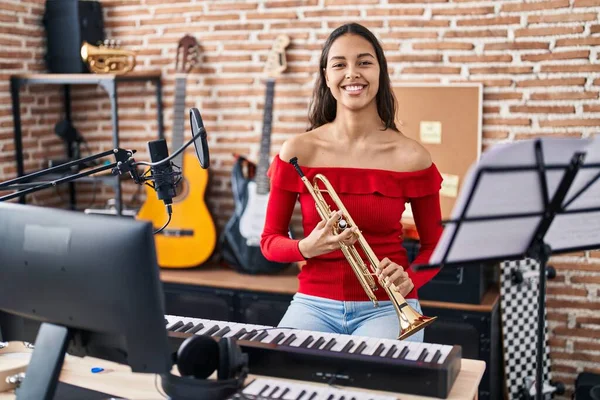 Young African American Woman Musician Playing Trumpet Music Studio — Stock Photo, Image