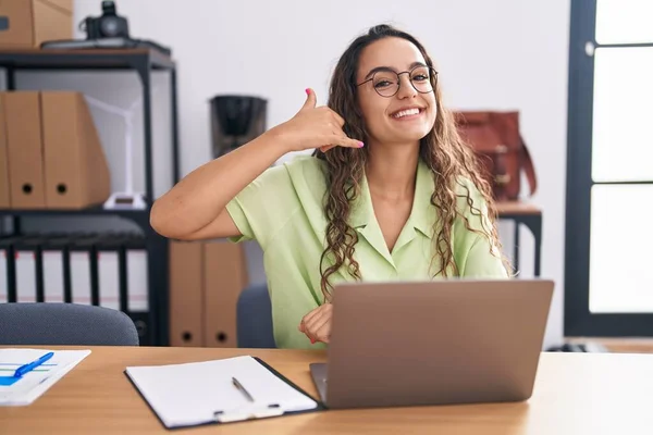 Young Hispanic Woman Working Office Wearing Glasses Smiling Doing Phone — Stock Photo, Image