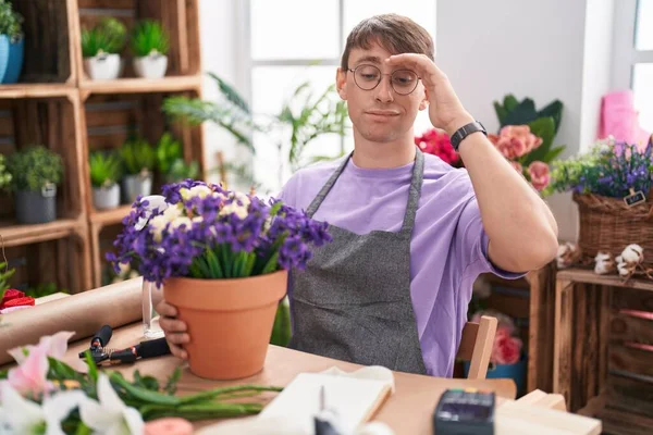 Caucasian Blond Man Working Florist Shop Worried Stressed Problem Hand — Zdjęcie stockowe