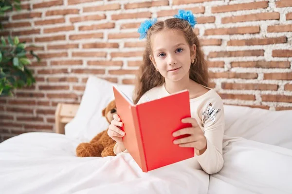Adorable Caucasian Girl Reading Book Sitting Bed Bedroom — Photo