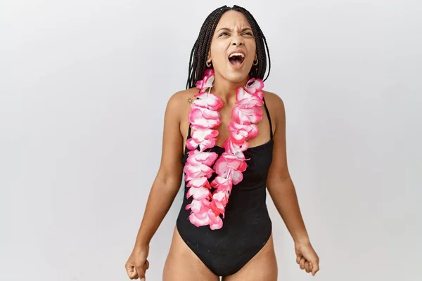 Young African American Woman Wearing Swimsuit Hawaiian Lei Angry Mad — Stock Photo, Image