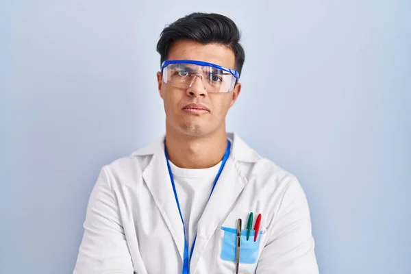 Hispanic Man Working Scientist Skeptic Nervous Disapproving Expression Face Crossed — Stock Photo, Image