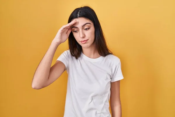 Young Beautiful Woman Standing Yellow Background Worried Stressed Problem Hand — Foto de Stock