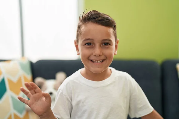 Adorable Hispanic Toddler Smiling Confident Saying Hello Hand Home — Stock Photo, Image