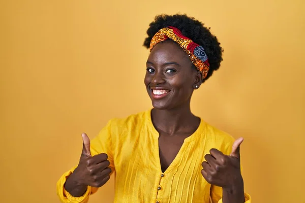 African Young Woman Wearing African Turban Success Sign Doing Positive — Foto de Stock