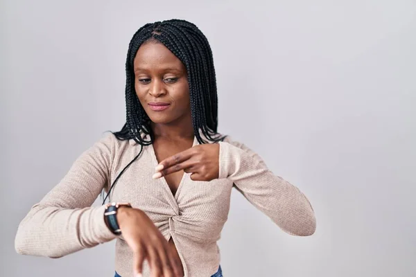 African Woman Braids Standing White Background Hurry Pointing Watch Time — ストック写真
