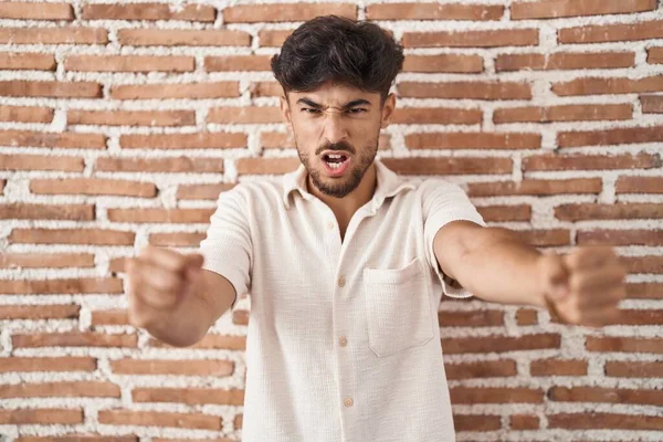 Arab Man Beard Standing Bricks Wall Background Angry Mad Raising — Foto Stock