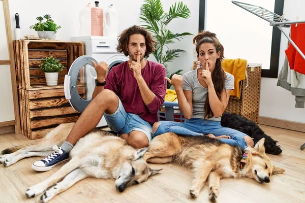 Junges Hispanisches Paar Beim Wäschewaschen Mit Hunden Die Mit Dem — Stockfoto