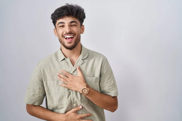Arab Man Beard Standing White Background Smiling Laughing Hard Out — Stock Photo, Image