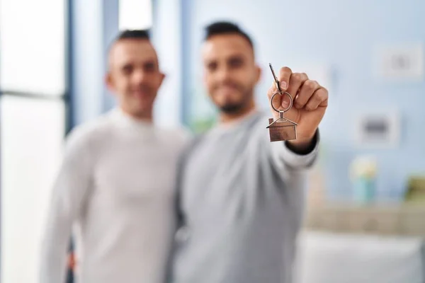Two Men Couple Hugging Each Other Holding Key Home — Stock Photo, Image