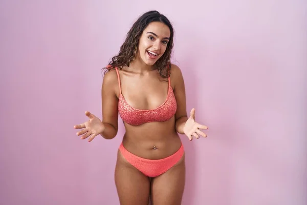 Young Hispanic Woman Wearing Lingerie Pink Background Smiling Cheerful Open — Stock Photo, Image