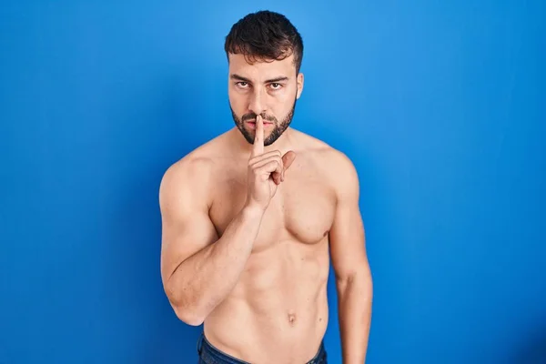 Handsome Hispanic Man Standing Shirtless Asking Quiet Finger Lips Silence — Stock fotografie