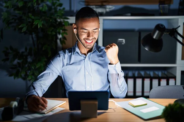 Young Hispanic Man Working Office Night Very Happy Excited Doing — Foto de Stock