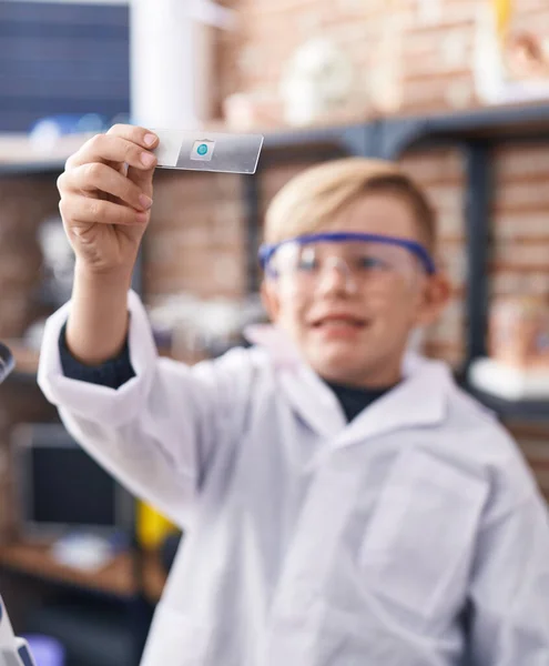 Adorable Toddler Scientist Smiling Confident Looking Sample Classroom — Stock Photo, Image