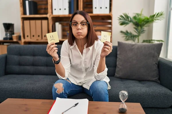 Young Hispanic Woman Working Depression Holding Sad Happy Emotion Paper — Photo