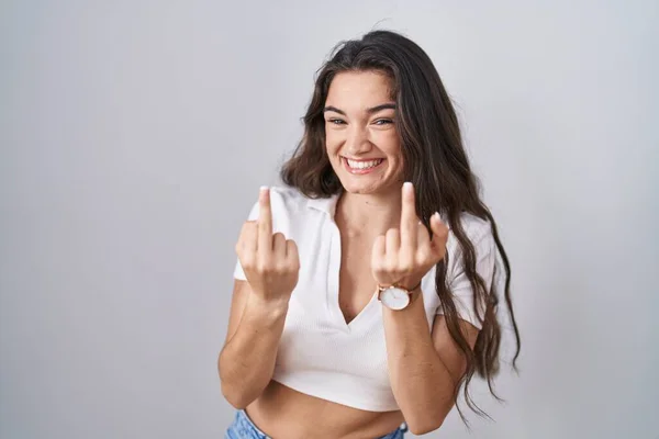 Young Teenager Girl Standing White Background Showing Middle Finger Doing — 图库照片