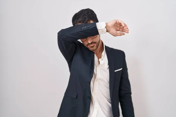 Handsome Business Hispanic Man Standing White Background Covering Eyes Arm — 图库照片