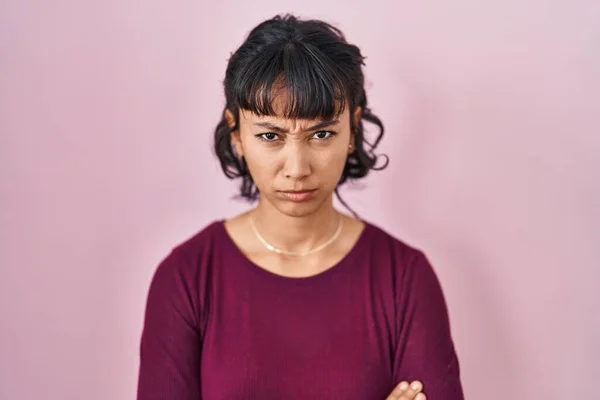 Young Beautiful Woman Standing Pink Background Skeptic Nervous Frowning Upset — Photo