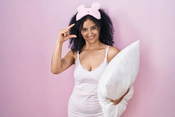 Hispanic Woman Curly Hair Wearing Sleep Mask Pajama Holding Pillow — Stock Fotó