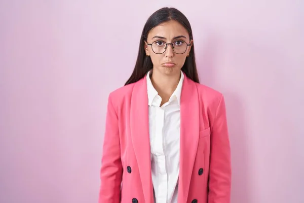 Young Hispanic Woman Wearing Business Clothes Glasses Depressed Worry Distress — Foto de Stock