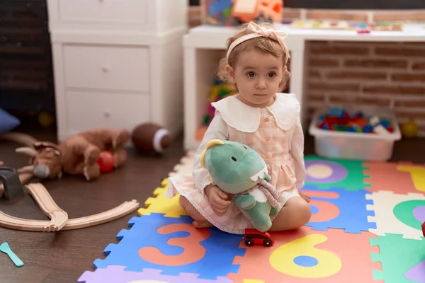 Adorable Caucasian Girl Playing Doll Sitting Floor Kindergarten — Stock Photo, Image