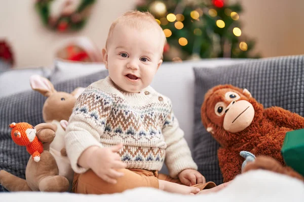 Adorable Caucasian Baby Smiling Confident Sitting Sofa Christmas Tree Home — Stock Photo, Image