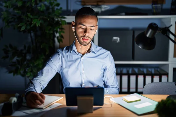 Young Hispanic Man Working Office Night Looking Sleepy Tired Exhausted — Stok fotoğraf