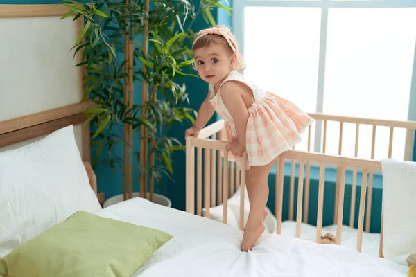 Adorable Caucasian Girl Standing Cradle Bedroom — Stock Photo, Image