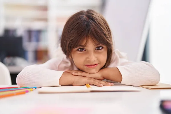 Adorable Hispanic Girl Student Smiling Confident Leaning Book Classroom — Foto de Stock