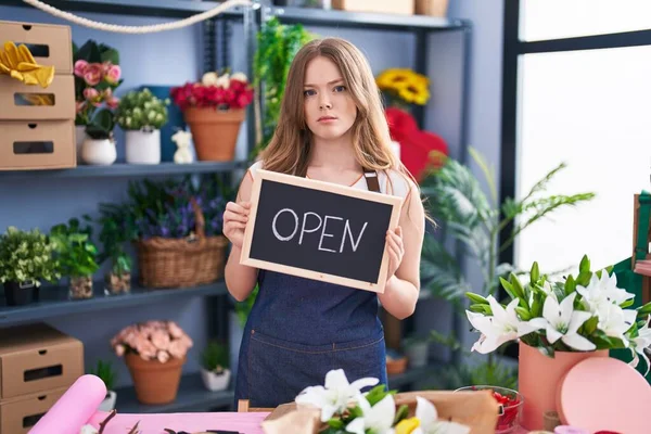 Caucasian Woman Working Florist Holding Open Sign Skeptic Nervous Frowning — Stockfoto