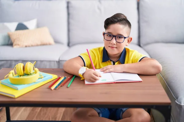 Adorable Hispanic Boy Drawing Book Sitting Floor Home — ストック写真