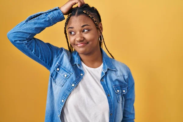 African American Woman Braids Standing Yellow Background Confuse Wondering Question — Stockfoto