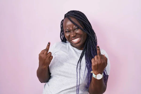 Young African Woman Standing Pink Background Showing Middle Finger Doing — Photo