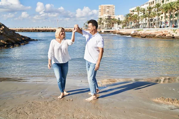 Middle Age Man Woman Couple Smiling Confident Dancing Seaside — Stock fotografie