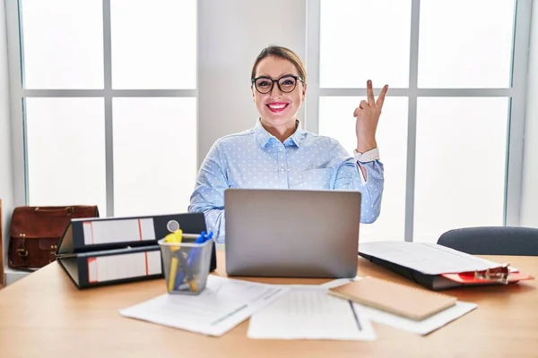 Young Hispanic Woman Working Office Wearing Glasses Smiling Happy Face — ストック写真