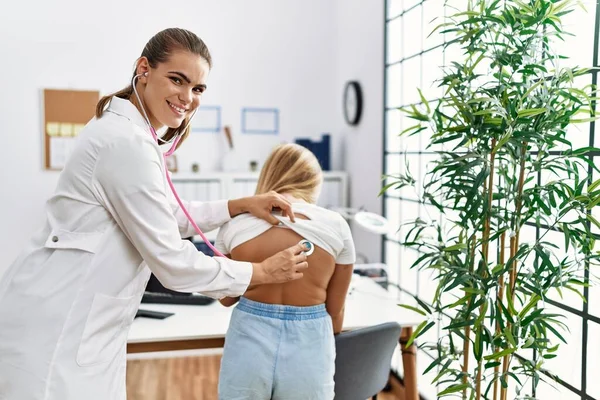 Woman Girl Pediatrician Patient Auscultating Having Medical Consultation Clinic — Stock Photo, Image