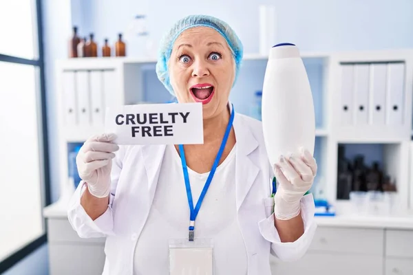 Middle Age Caucasian Woman Working Cruelty Free Laboratory Celebrating Crazy — Stok fotoğraf