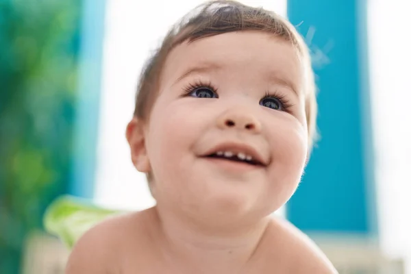 Adorable Caucasian Baby Smiling Confident Sitting Bed Bedroom — ストック写真