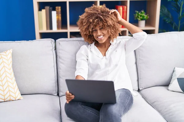 African American Woman Using Laptop Sitting Sofa Home —  Fotos de Stock