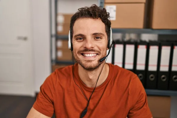Young Hispanic Man Wearing Call Center Agent Headset Looking Positive — Stock Photo, Image