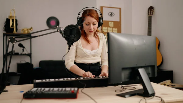 Young Redhead Woman Musician Playing Piano Keyboard Music Studio — 스톡 사진
