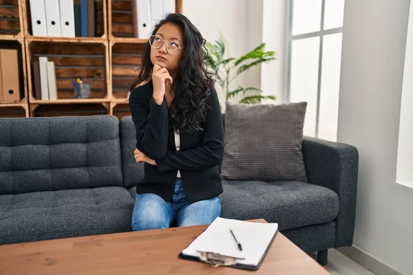 Young Asian Woman Consultation Office Thinking Worried Question Concerned Nervous — Stock Photo, Image