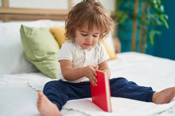 Adorable Hispanic Toddler Reading Book Sitting Bed Bedroom — Stock Photo, Image