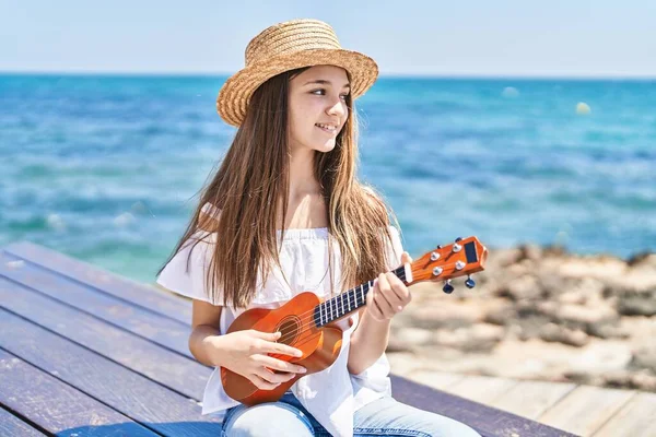 Adorable Girl Tourist Smiling Confident Playing Ukulele Seaside — Stock Photo, Image