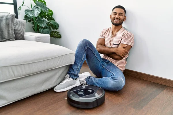 Young Indian Man Sitting Home Vacuum Robot Happy Face Smiling — Stock Photo, Image