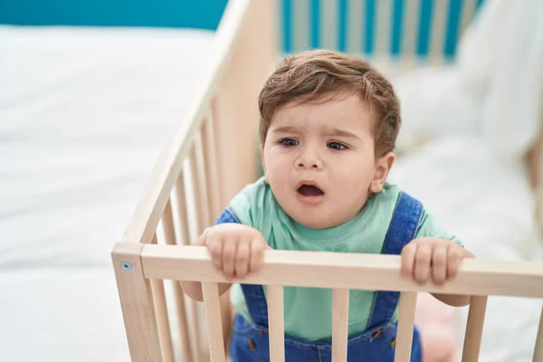 Adorable Hispanic Toddler Standing Cradle Crying Bedroom — Stock Photo, Image