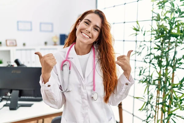 Young Redhead Woman Wearing Doctor Uniform Stethoscope Clinic Success Sign — Stock Photo, Image