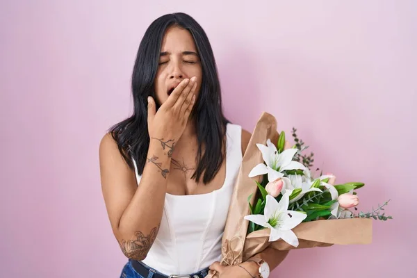 Brunette Woman Holding Bouquet White Flowers Bored Yawning Tired Covering — Stock Photo, Image