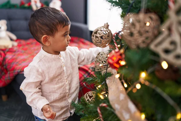 Adorable Hispanic Toddler Decorating Christmas Tree Home — Stock Photo, Image